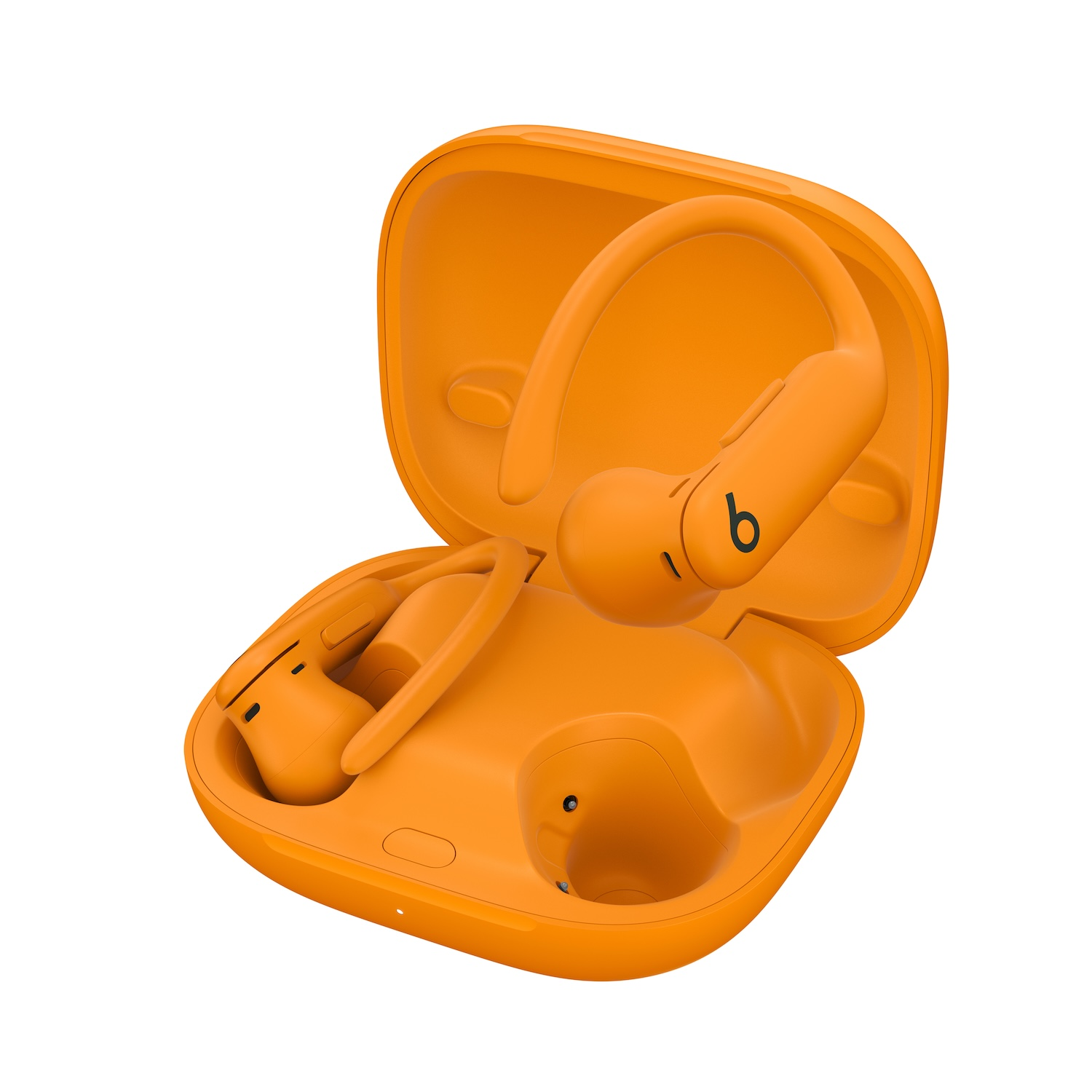 Estuche de auriculares naranja abierto con auriculares dentro.