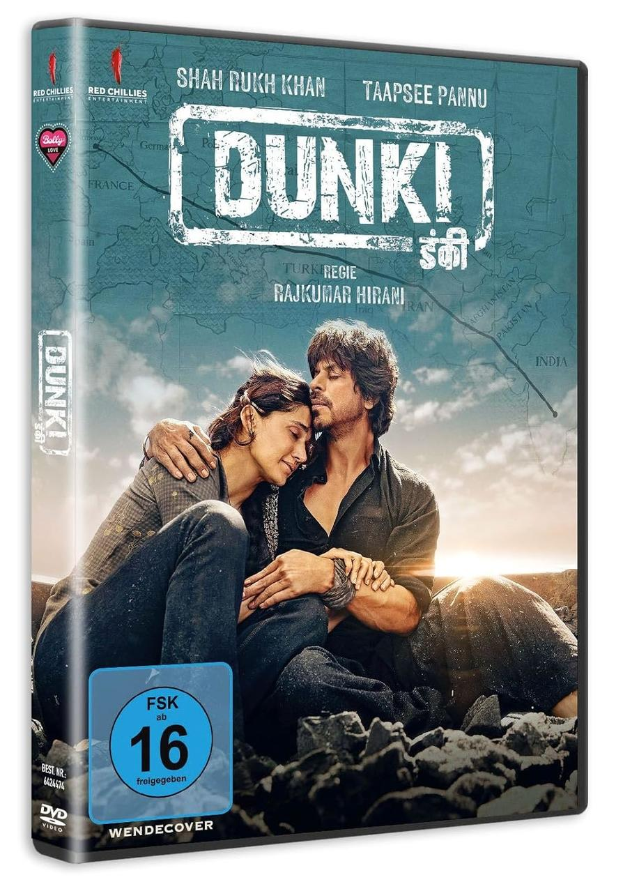Film-DVD-Cover von 'Dunki' mit Shah Rukh Khan und Taapsee Pannu, auf einer Kartenhintergrund.