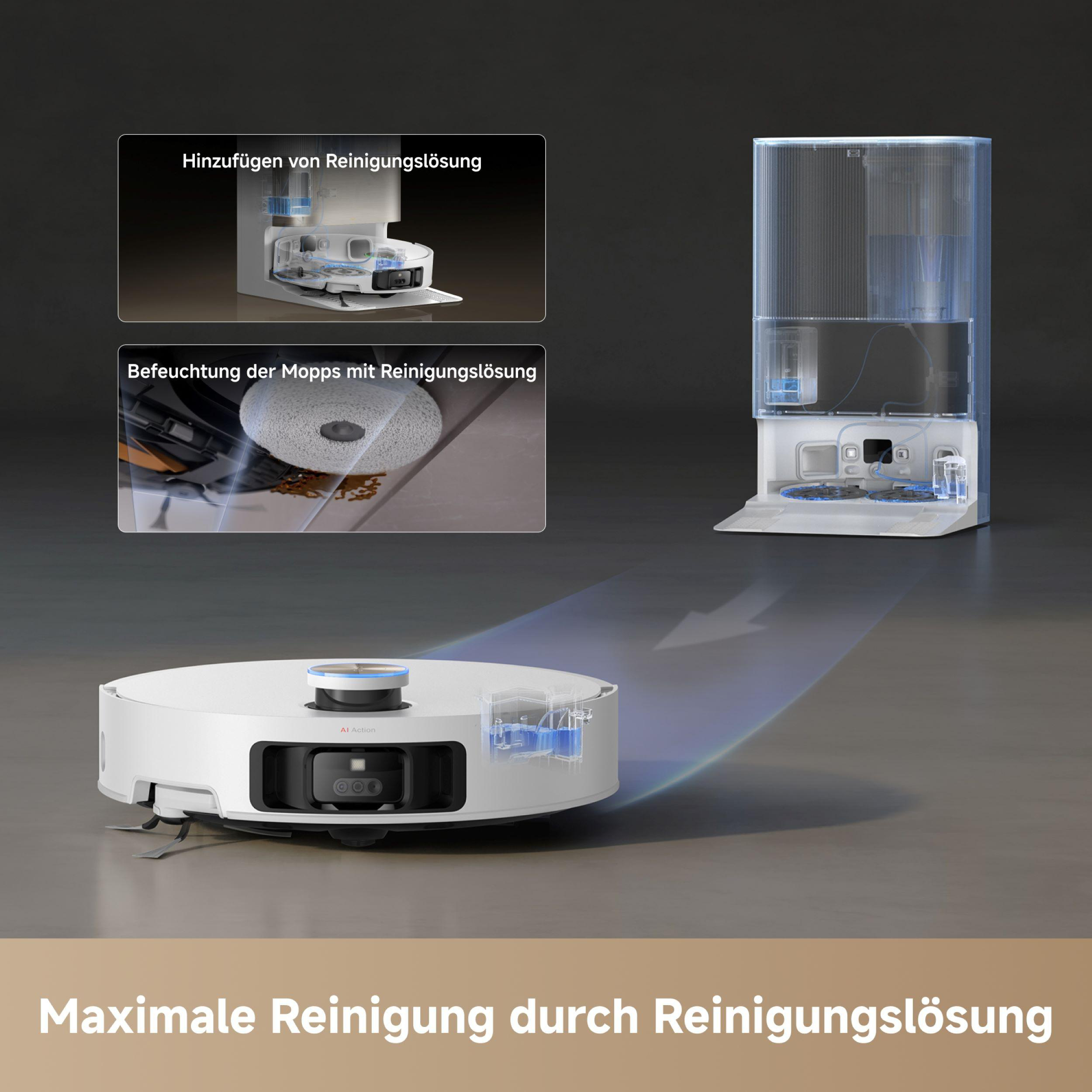 Roboter-Staubsauger mit Reinigungslösungsdetails und Diagramm.