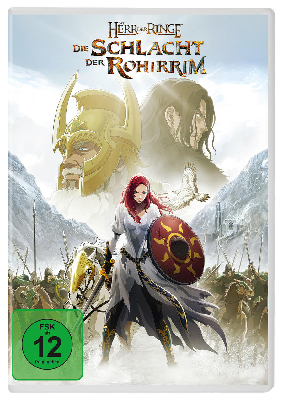DVD-Cover-Art. Zeichentrickfiguren in einer Kampfszene. Titel 'Die Schlacht der Rohirrim' sichtbar.