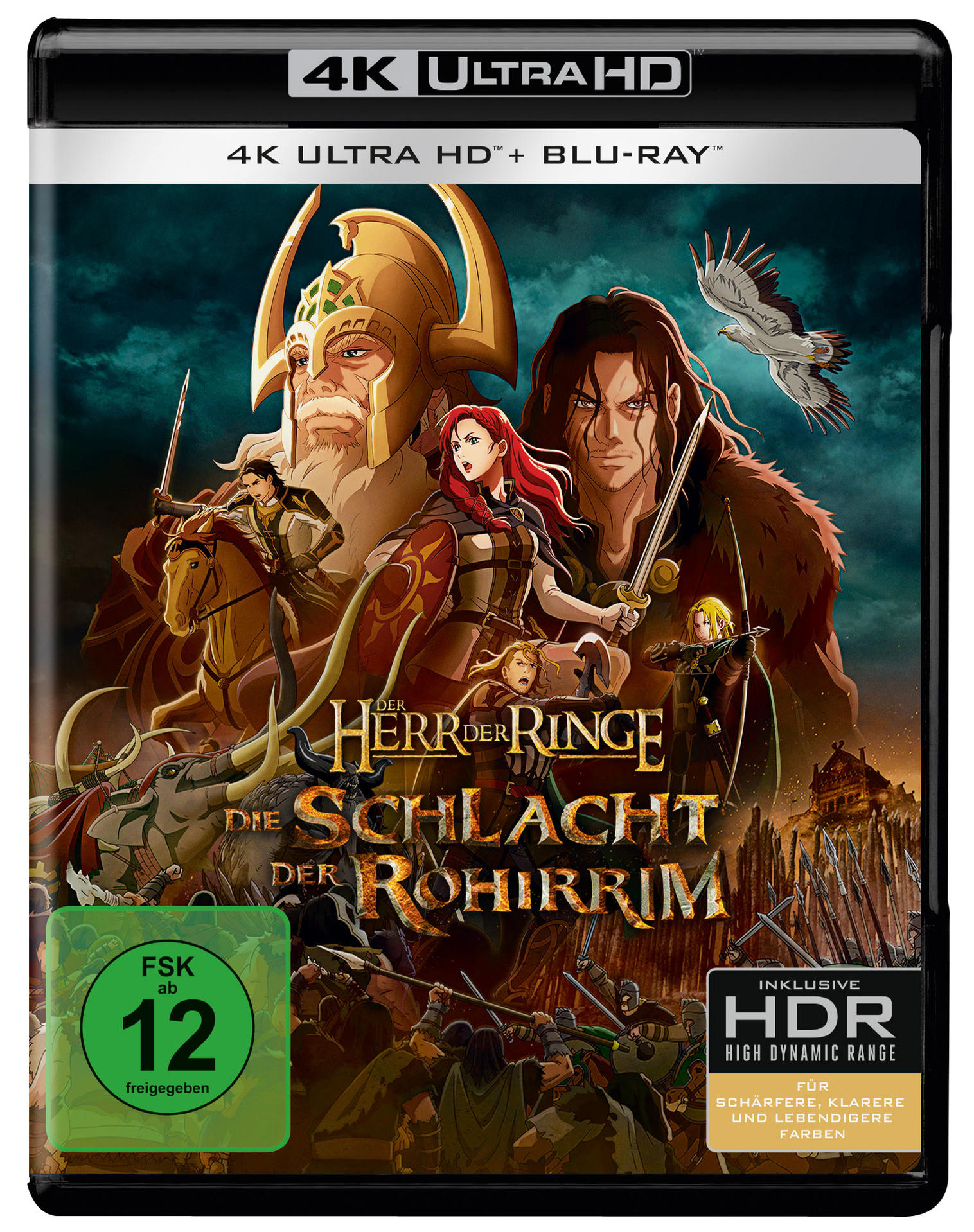 Blu-ray-Cover: Animationsfilm 'Der Herr der Ringe: The War of the Rohirrim'. Zwei Krieger und eine Kampfszene.