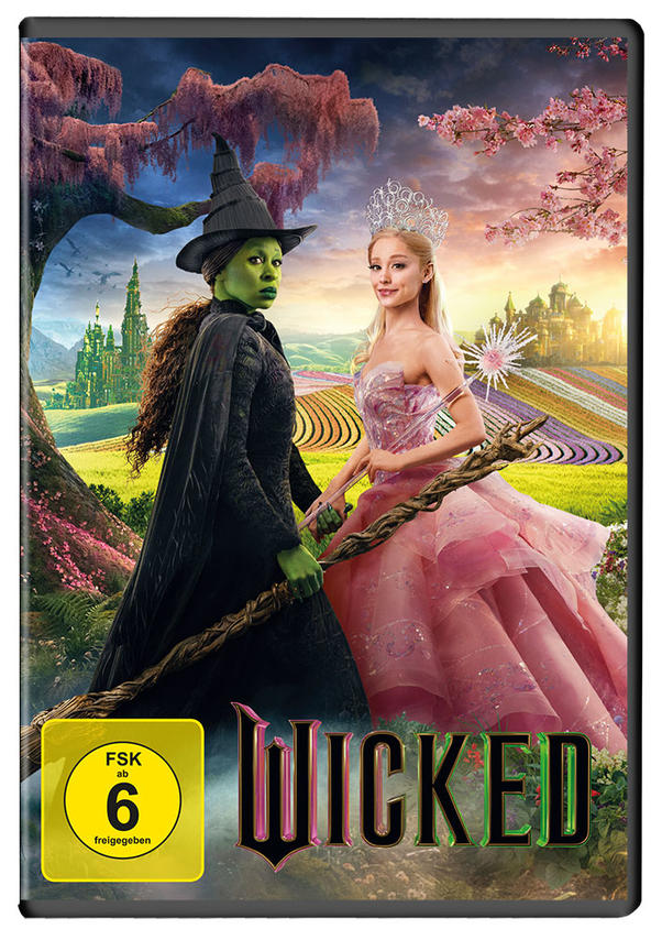 DVD-Cover von Wicked. Enthält die böse Hexe und Glinda die gute Hexe in einer Fantasielandschaft.
