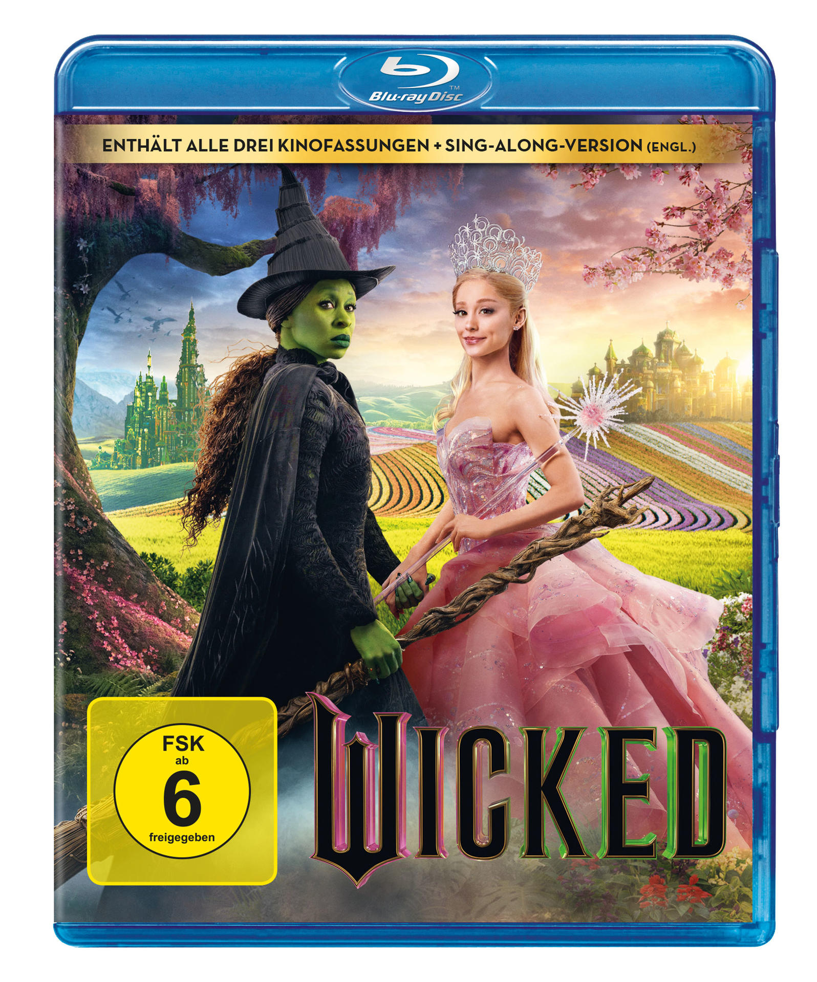 Blaue Blu-ray-Hülle von Wicked mit zwei Frauen in Kostümen.