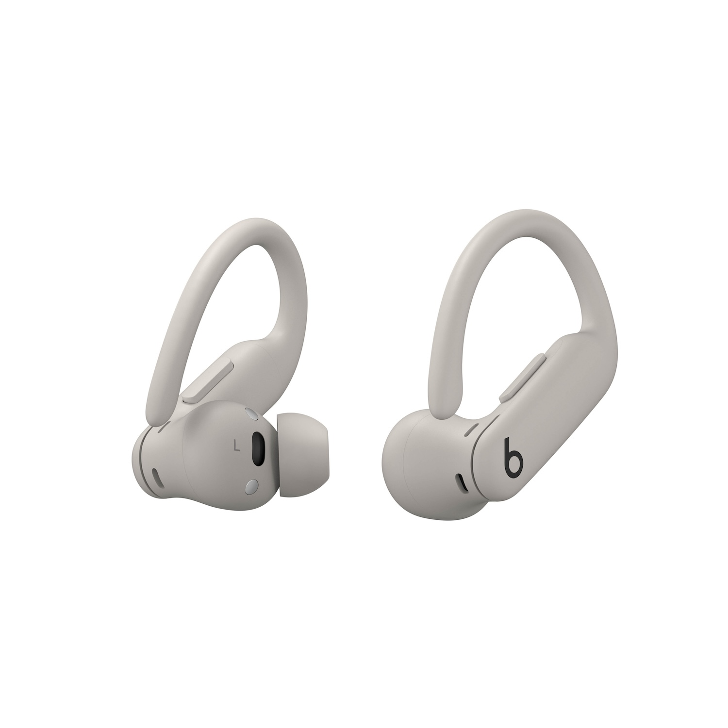 Par de auriculares grises Beats Powerbeats Pro. Los auriculares están sobre un fondo blanco.