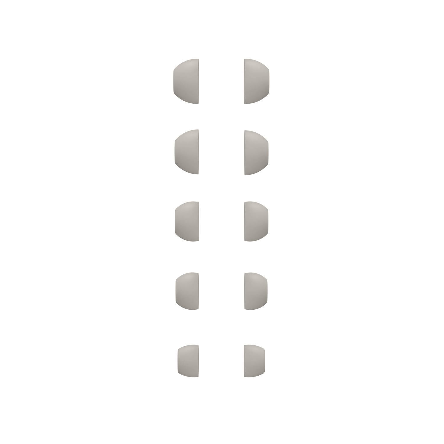 Una serie vertical de ocho puntas de oído grises claras y redondeadas para auriculares.