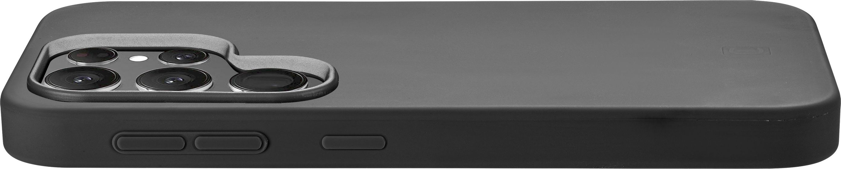 Un téléphone noir, vue latérale, avec bosse de caméra et boutons.