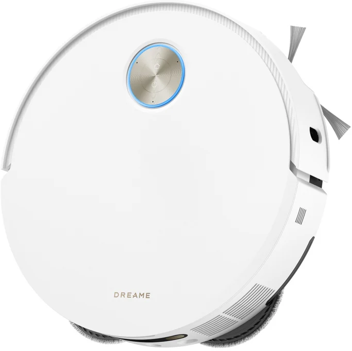 Weißer Dreame Roboter-Staubsauger, Draufsicht, mit rundem Design und Knöpfen.