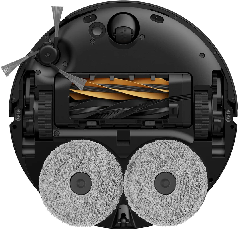 Schwarzer Roboter-Staubsauger mit Bürsten und Staubabsaugsystem.