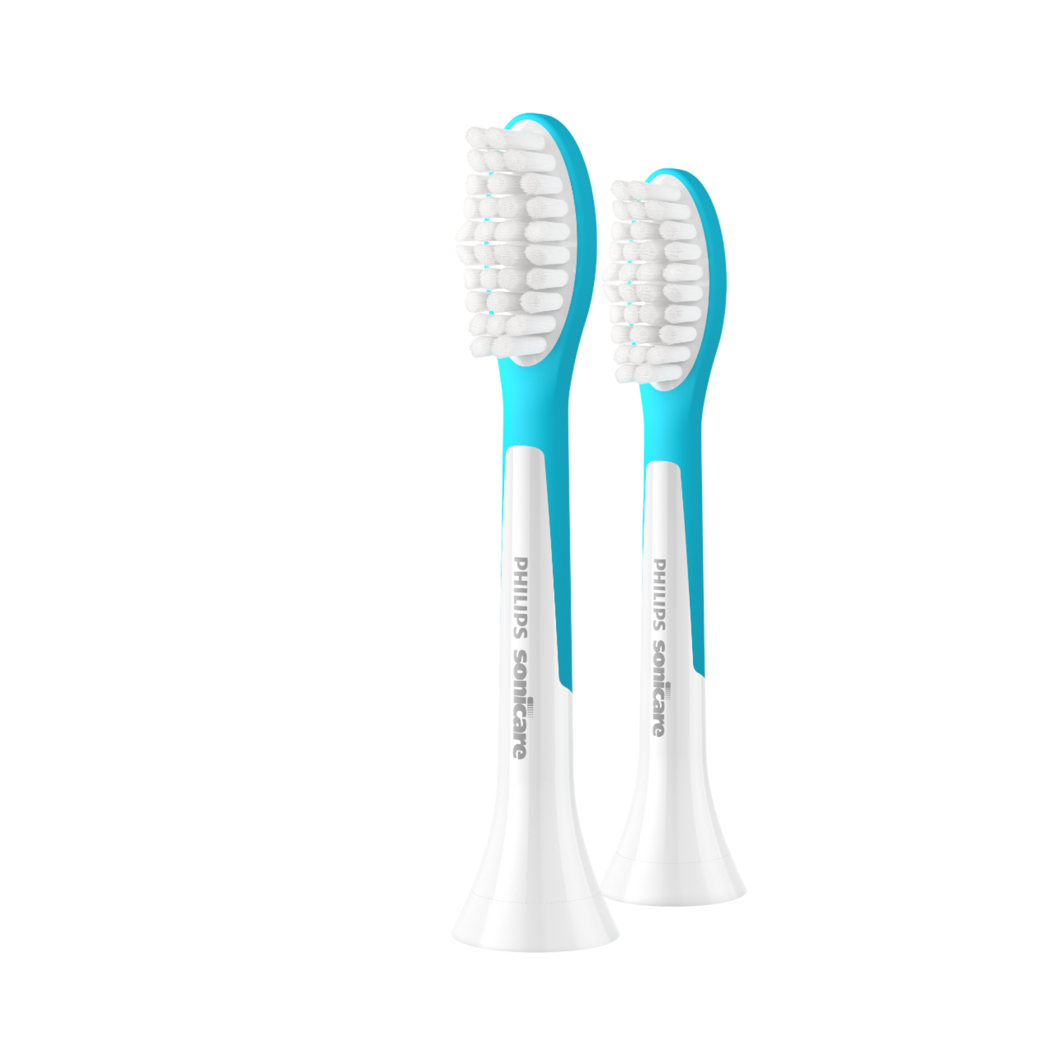 Two Philips Sonicare toothbrush heads. They are light blue and white, with white bristles and a curved shape.
