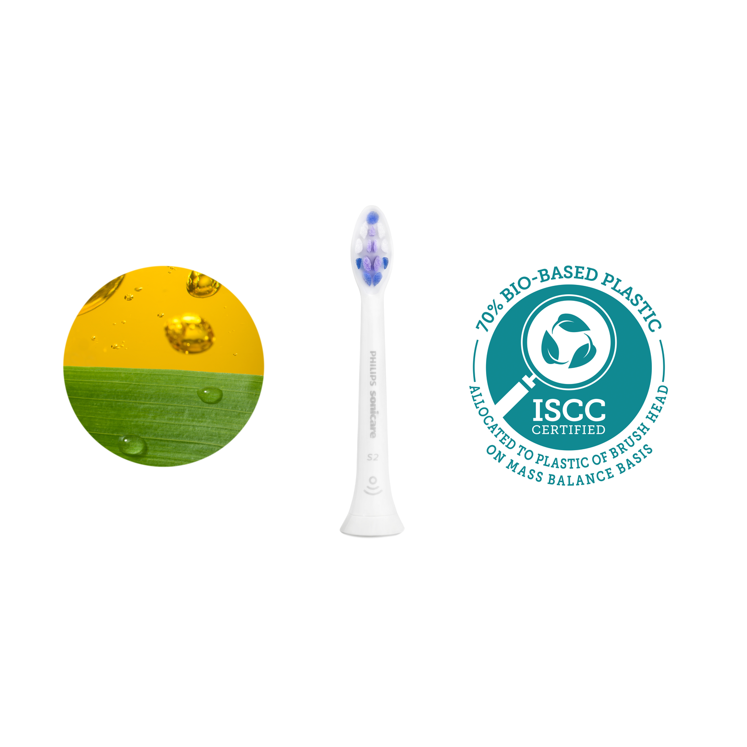 White toothbrush head with blue and purple bristles. Yellow and green leaf detail. Text: 70% bio-based plastic.