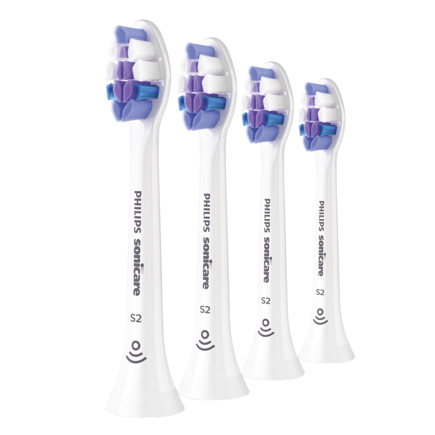 Four Philips Sonicare toothbrush heads with blue and purple bristles.