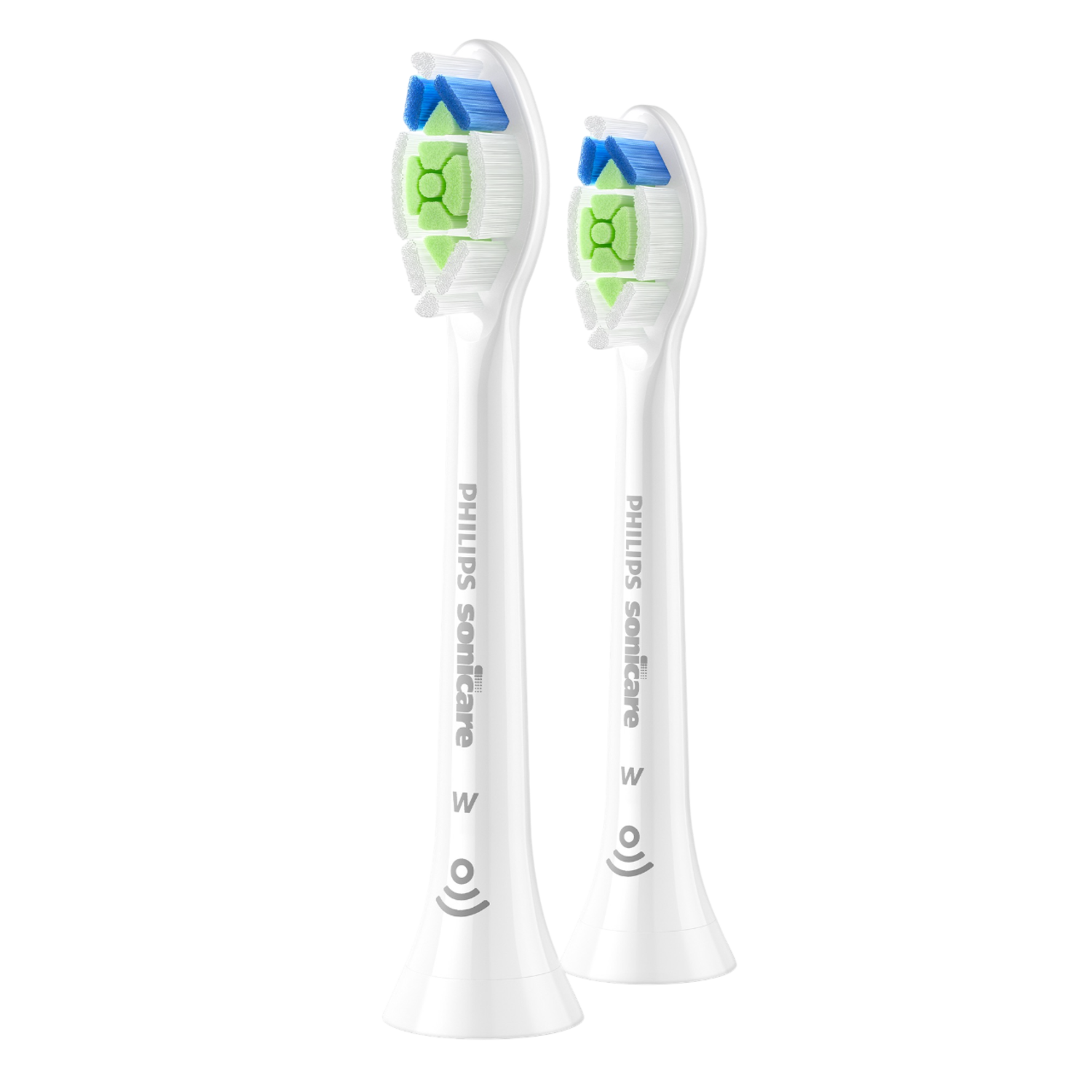 Twee witte Philips Sonicare tandenborstelkoppen met blauwe en groene borstelharen, omhoog gericht.