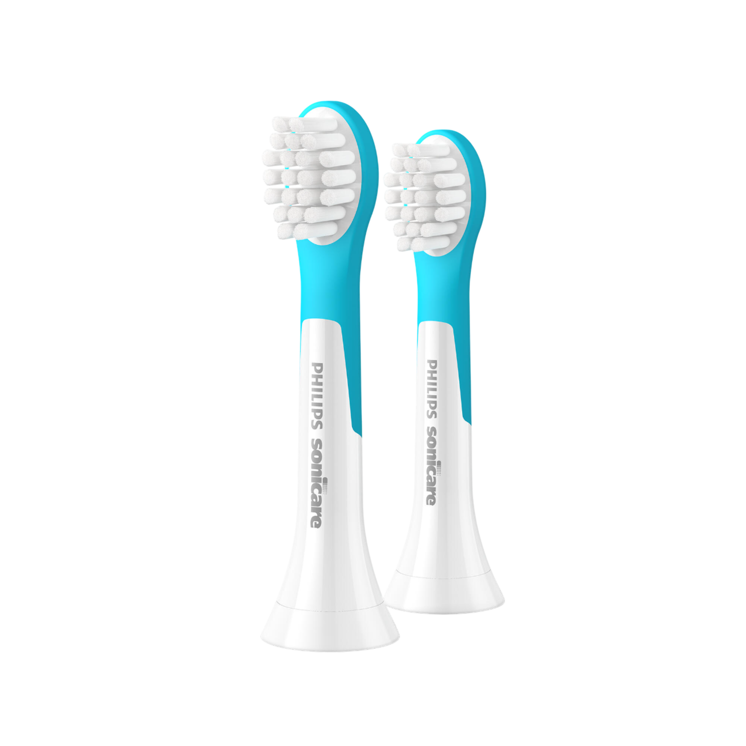 Two white and blue Philips Sonicare toothbrush heads. The heads are white with blue handles.