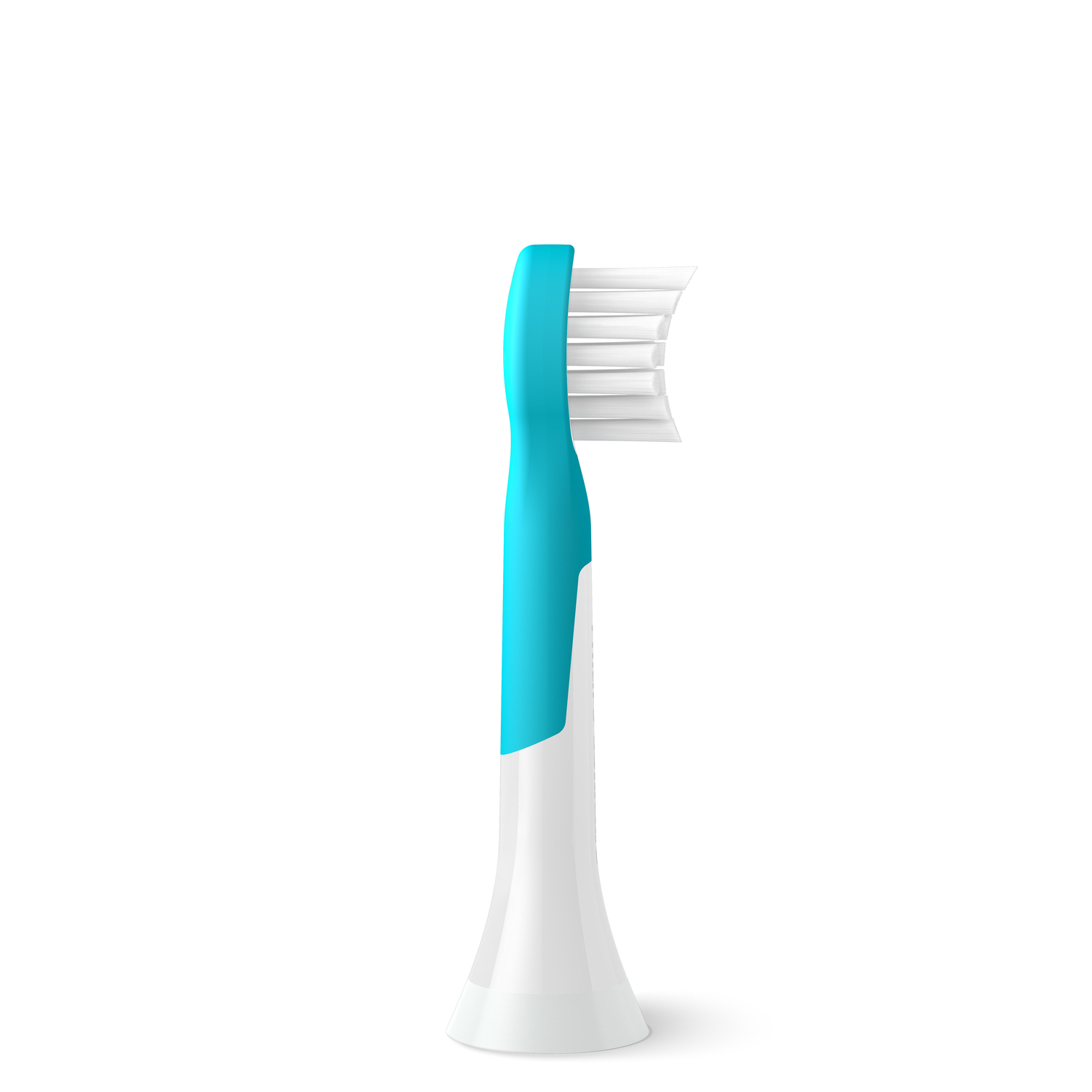 Toothbrush head, turquoise and white. Side view, isolated on white. Bristles are visible. Close up.