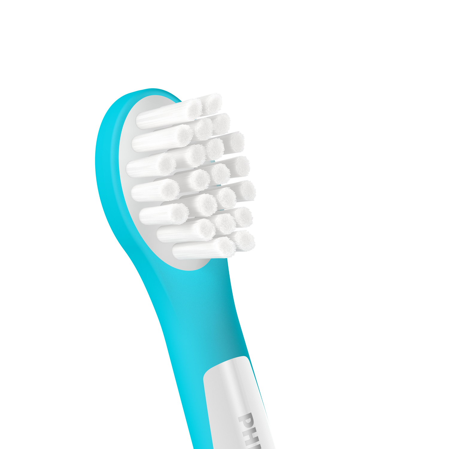 Close-up of a blue toothbrush head with white bristles.