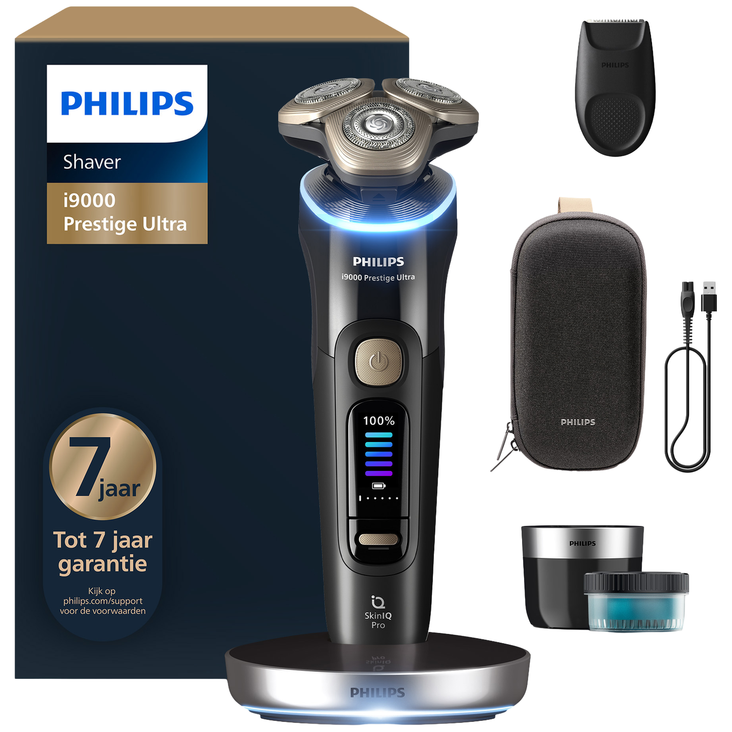 Philips i9000 Prestige Ultra scheerapparaat. Inclusief scheerapparaat, reisetui, reinigingsaccessoires en oplaadstation. 7 jaar garantie.