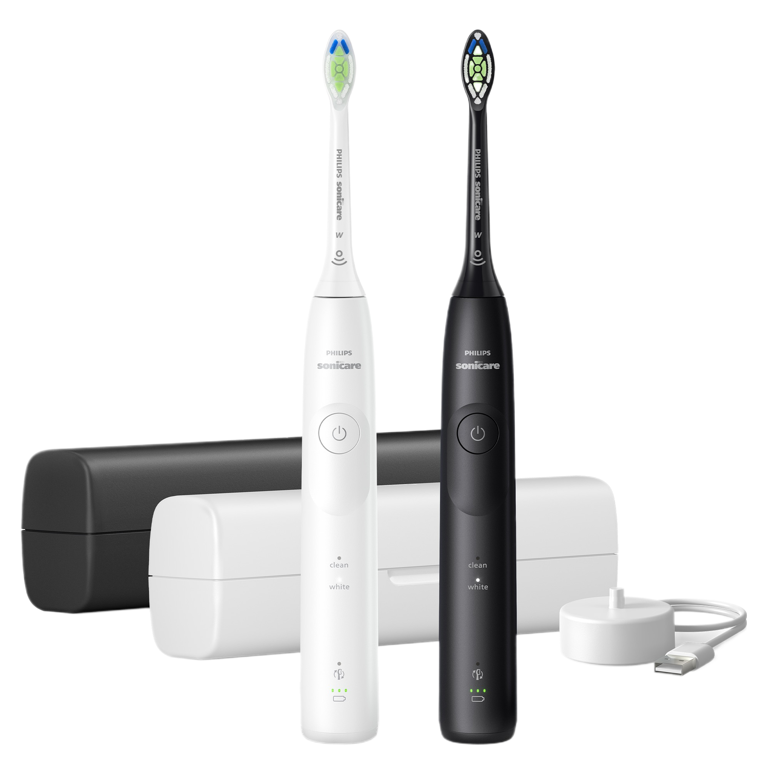 Two electric toothbrushes, black and white, with accessories. Cases, and a charger.
