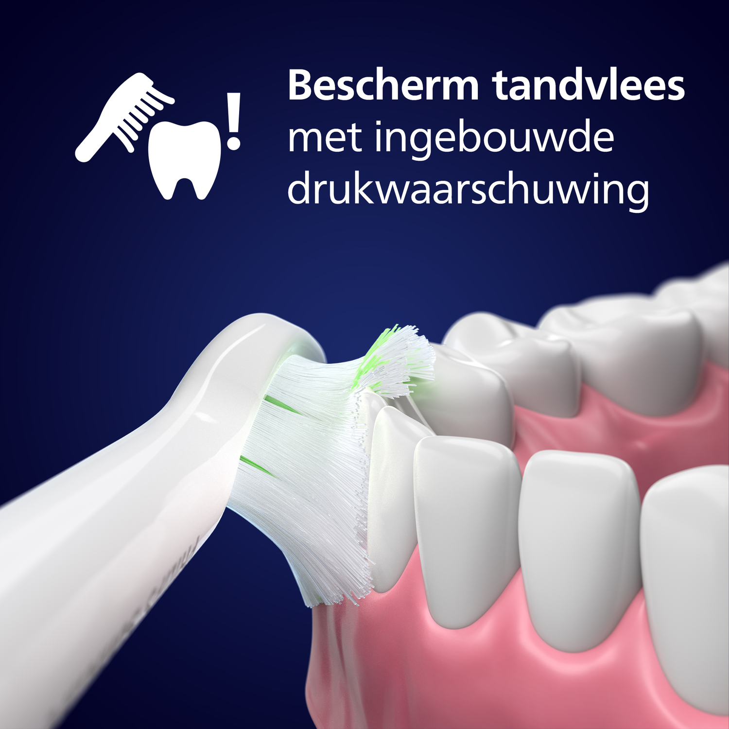 Toothbrush head cleaning teeth, text and graphic of a tooth and comb.