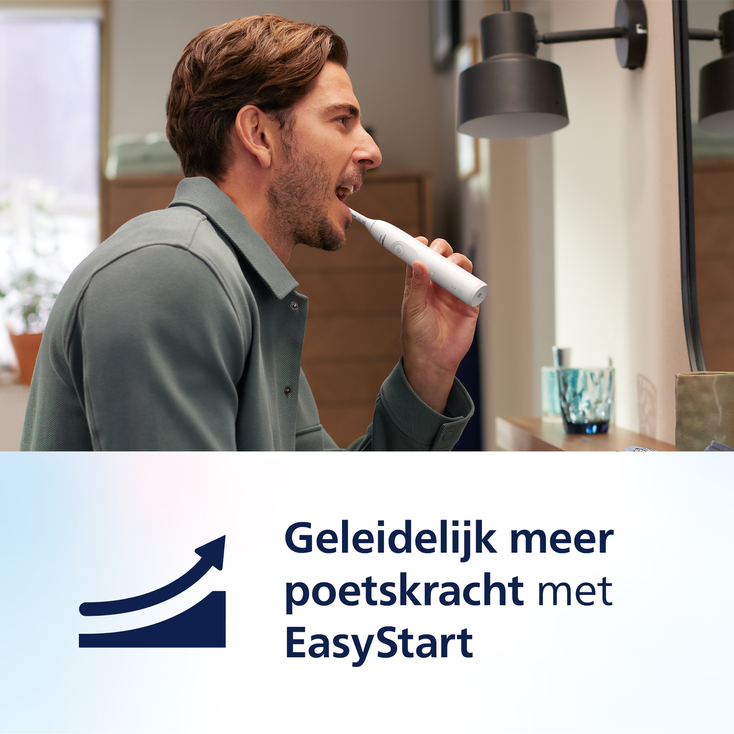 A man brushing his teeth in a mirror. Text: Gradually more brushing power with EasyStart.