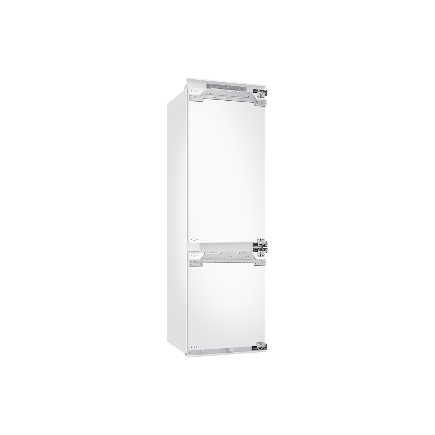 White refrigerator with two doors, isolated on a white background.