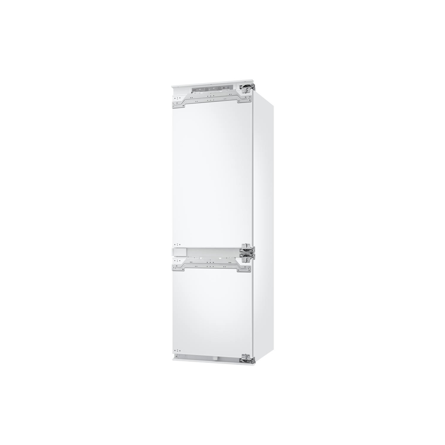 White refrigerator. Two doors, with a handle and a display. White background. Side view.