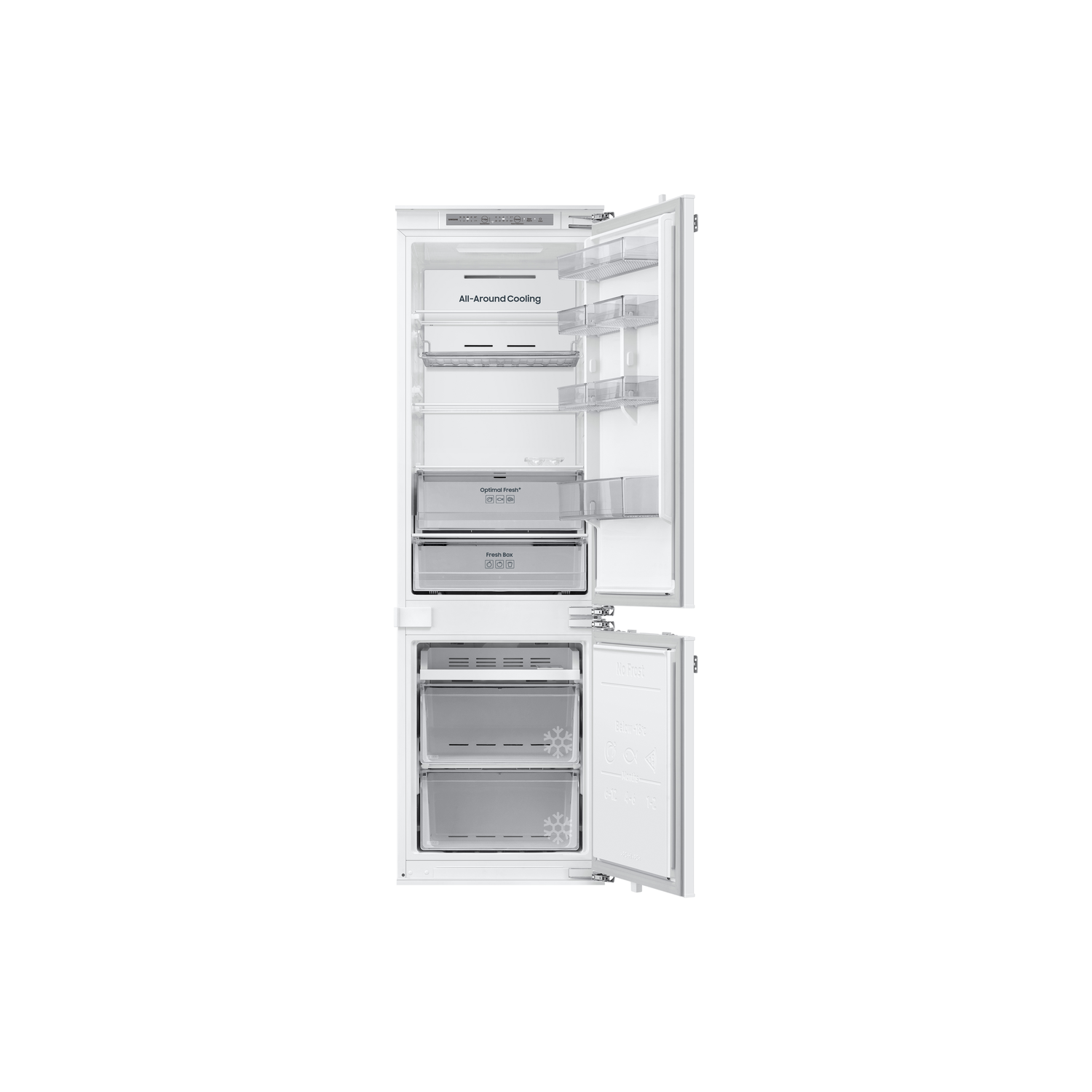 White refrigerator with open doors. Inside are shelves, drawers, and the 'All-Around Cooling' label.