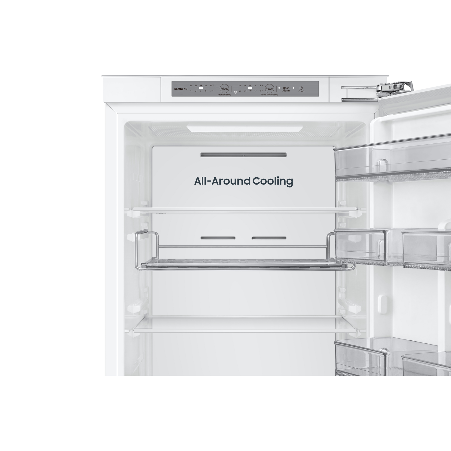 White open refrigerator with shelves and All-Around Cooling text.