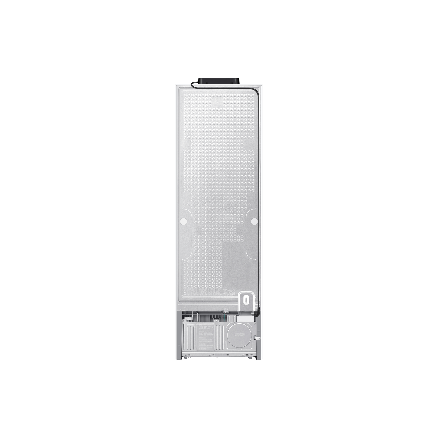 Back view of a refrigerator. It is white with a black power cord and a metal back.
