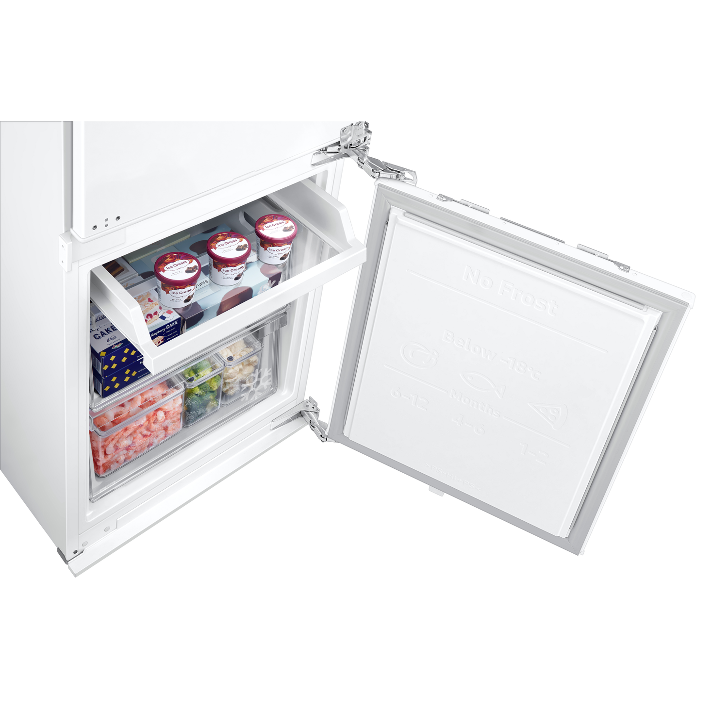 White refrigerator with open freezer door. Ice cream and food items are visible inside.
