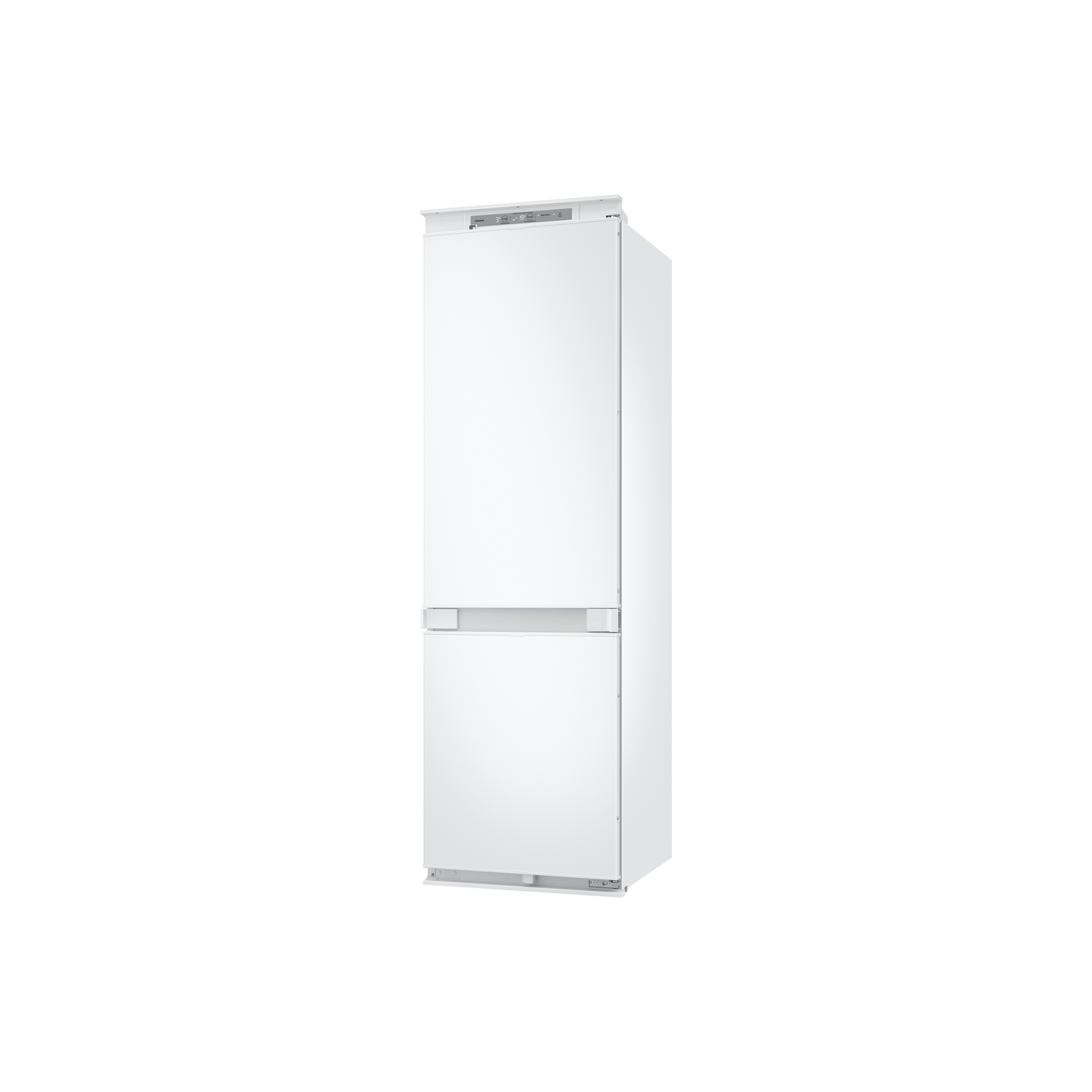 Witte koelkast met twee secties. Bovenste sectie met display. Geïsoleerd op een witte achtergrond.