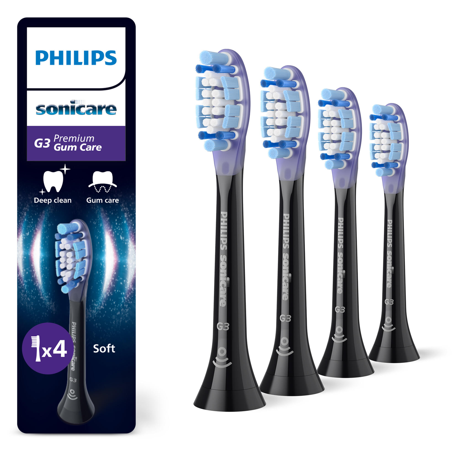 Four black Philips Sonicare toothbrush heads.