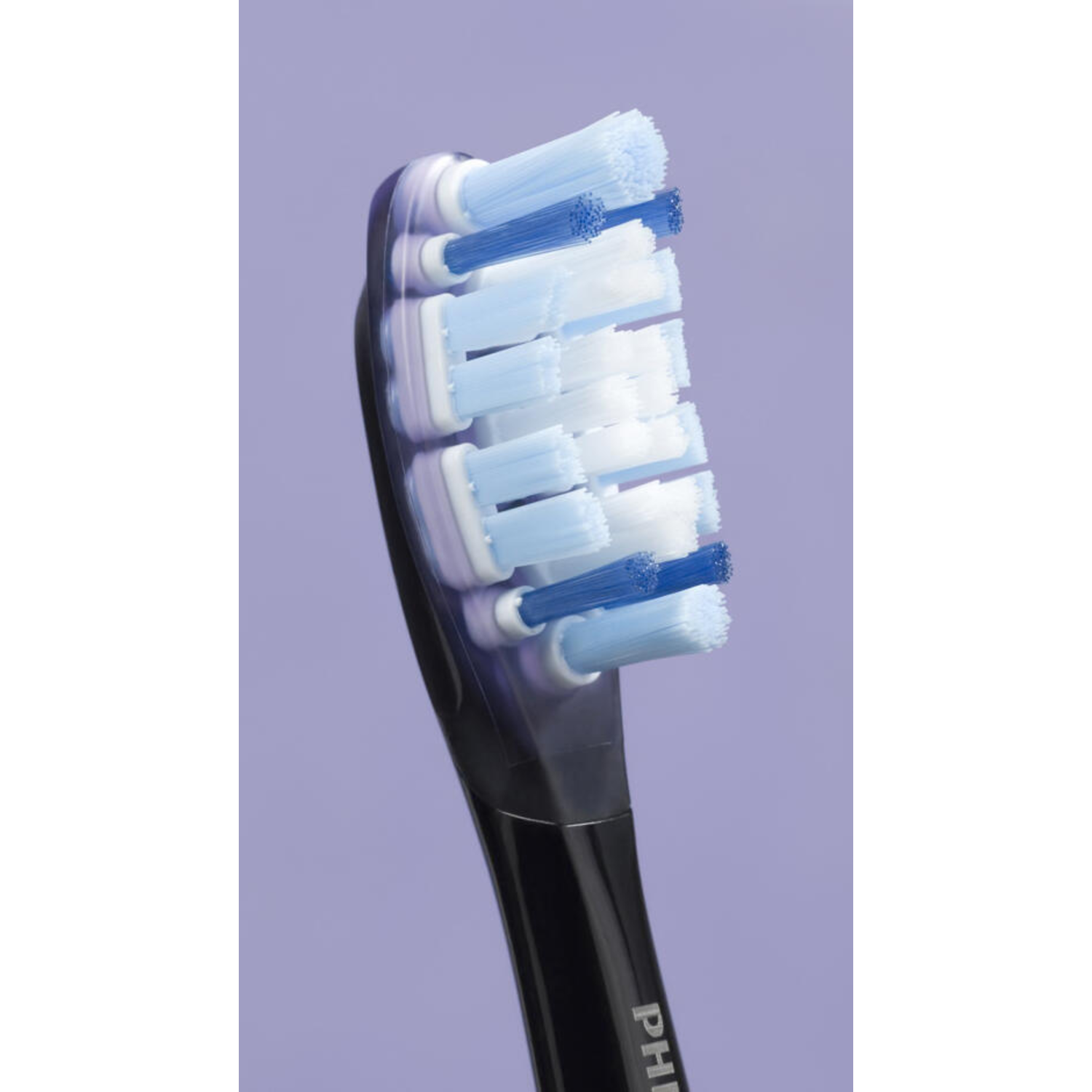 Close-up of a toothbrush head with blue and white bristles on a purple background.