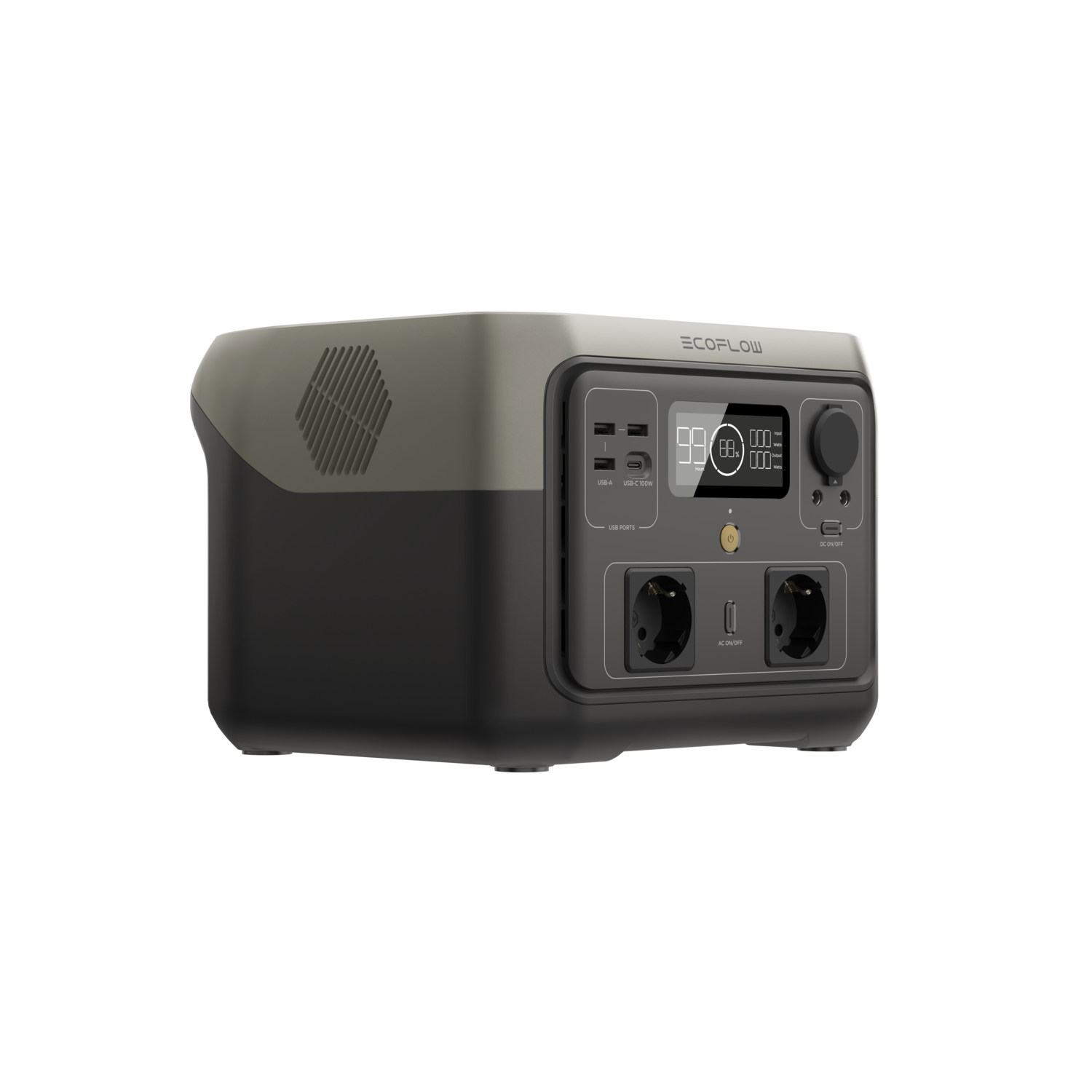 Portable power station, gray and black, with display and ports, against a white background.