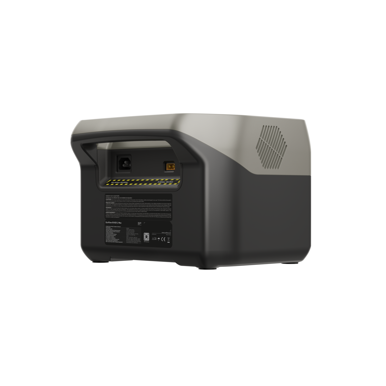 The rear side of a black and grey portable power station.