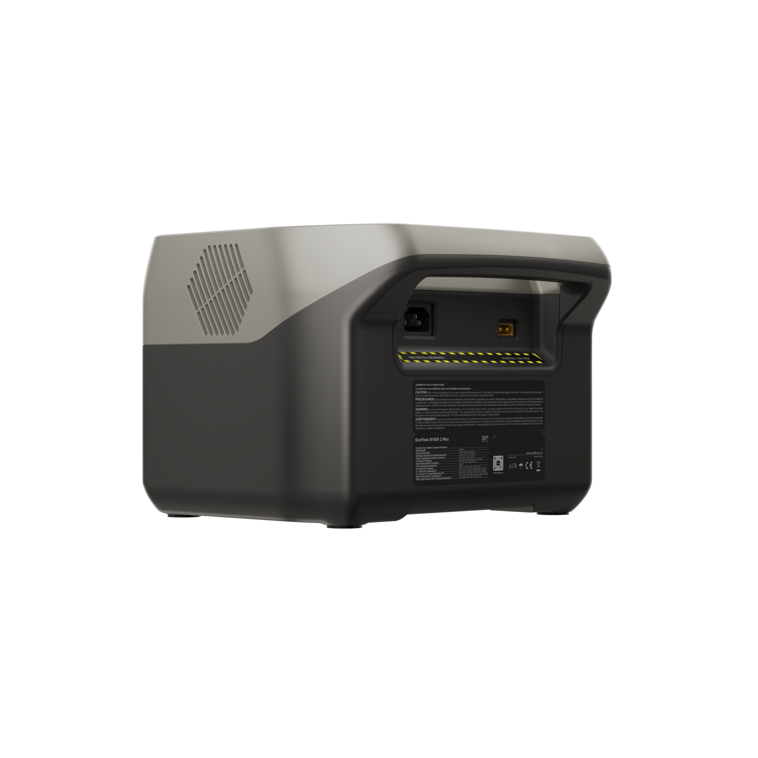 The rear view of a black and grey portable power station.