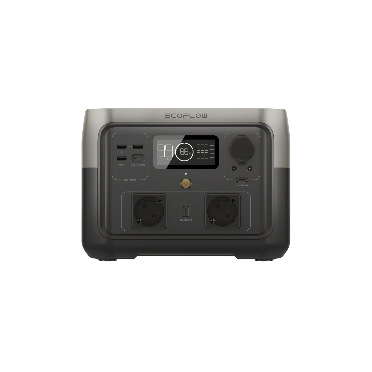 Portable power station, black and gray, with display and ports.