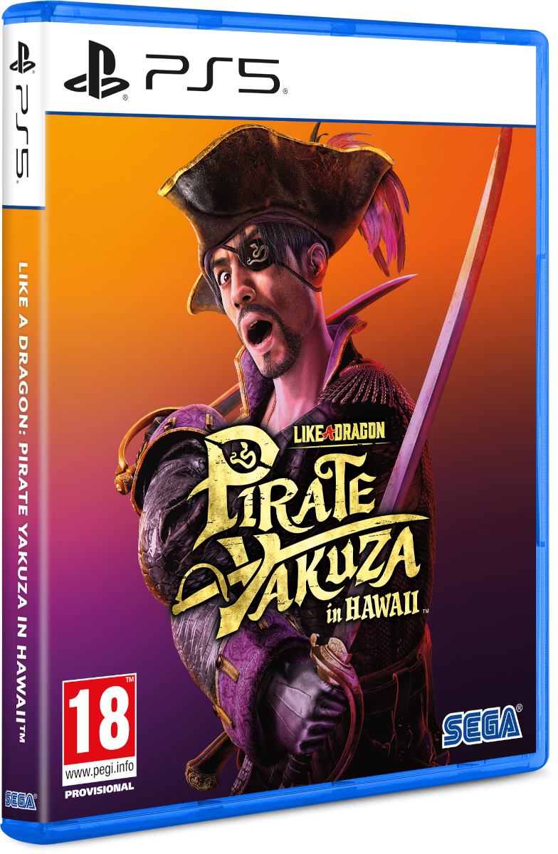 Videójáték borító: Pirate Yakuza in Hawaii, egy kalóz karddal és PS5 logóval.