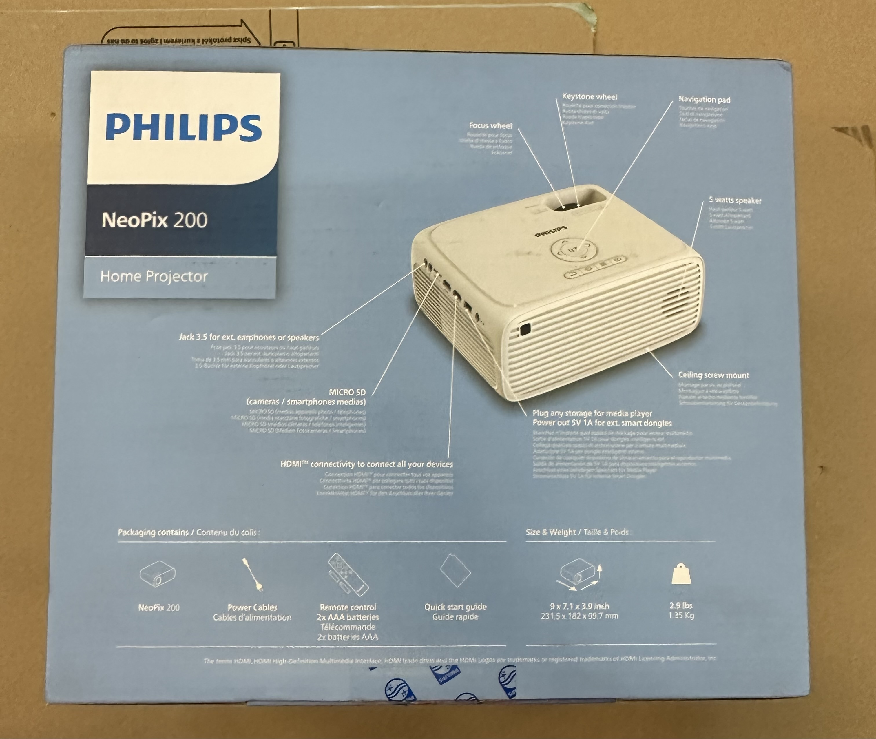 Pudełko projektora domowego Philips NeoPix 200, pokazujące projektor i jego funkcje.