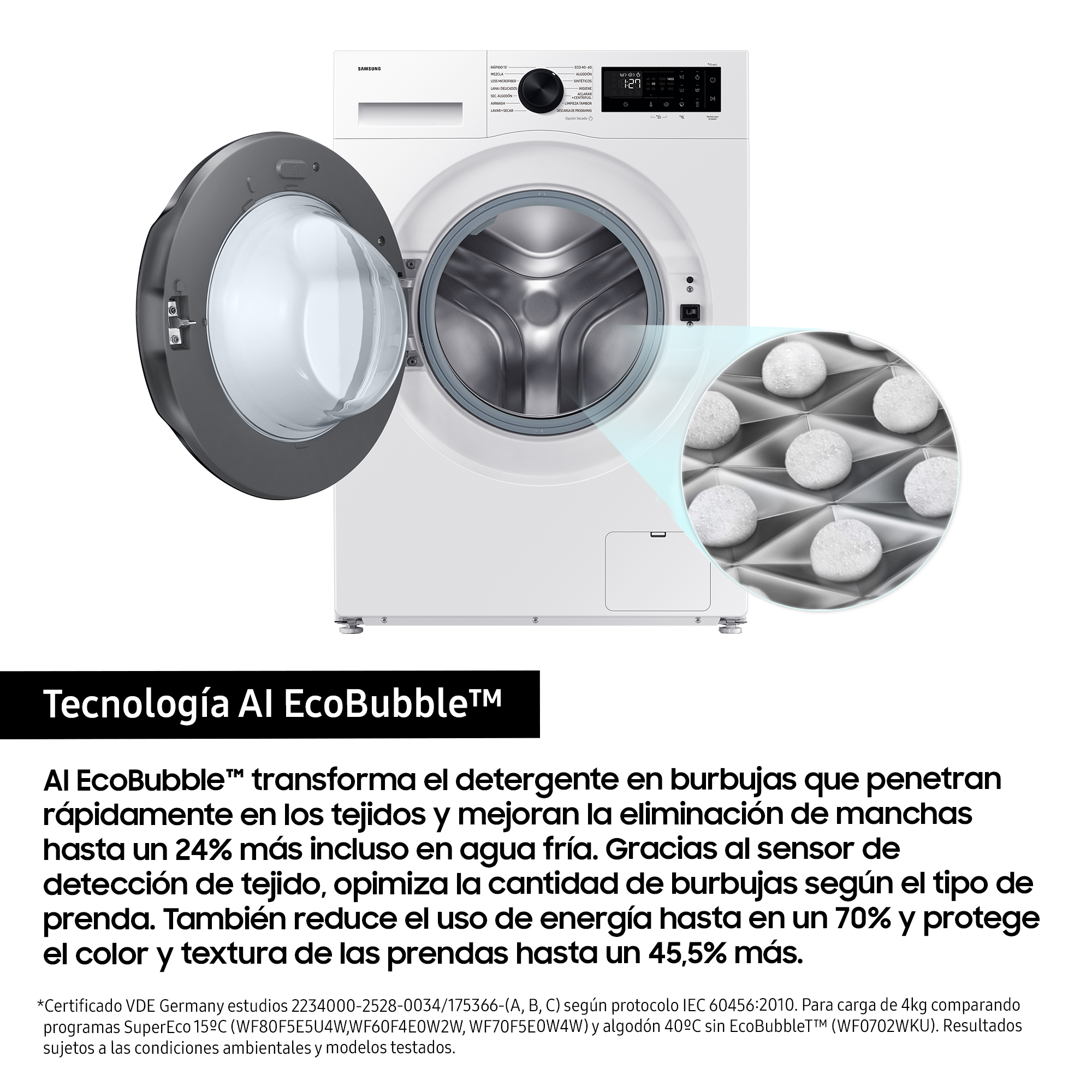 Lavadora blanca con puerta abierta y primer plano de bolas de lavado. Texto sobre la tecnología EcoBubble.