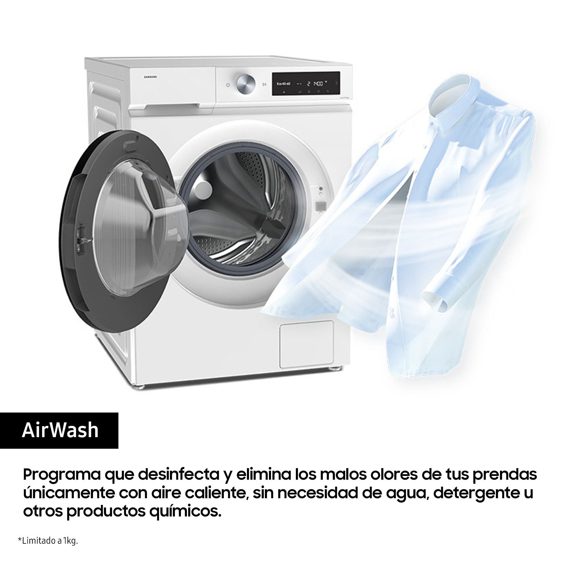 Una lavadora blanca con la puerta abierta y una camisa flotando. Texto sobre AirWash.