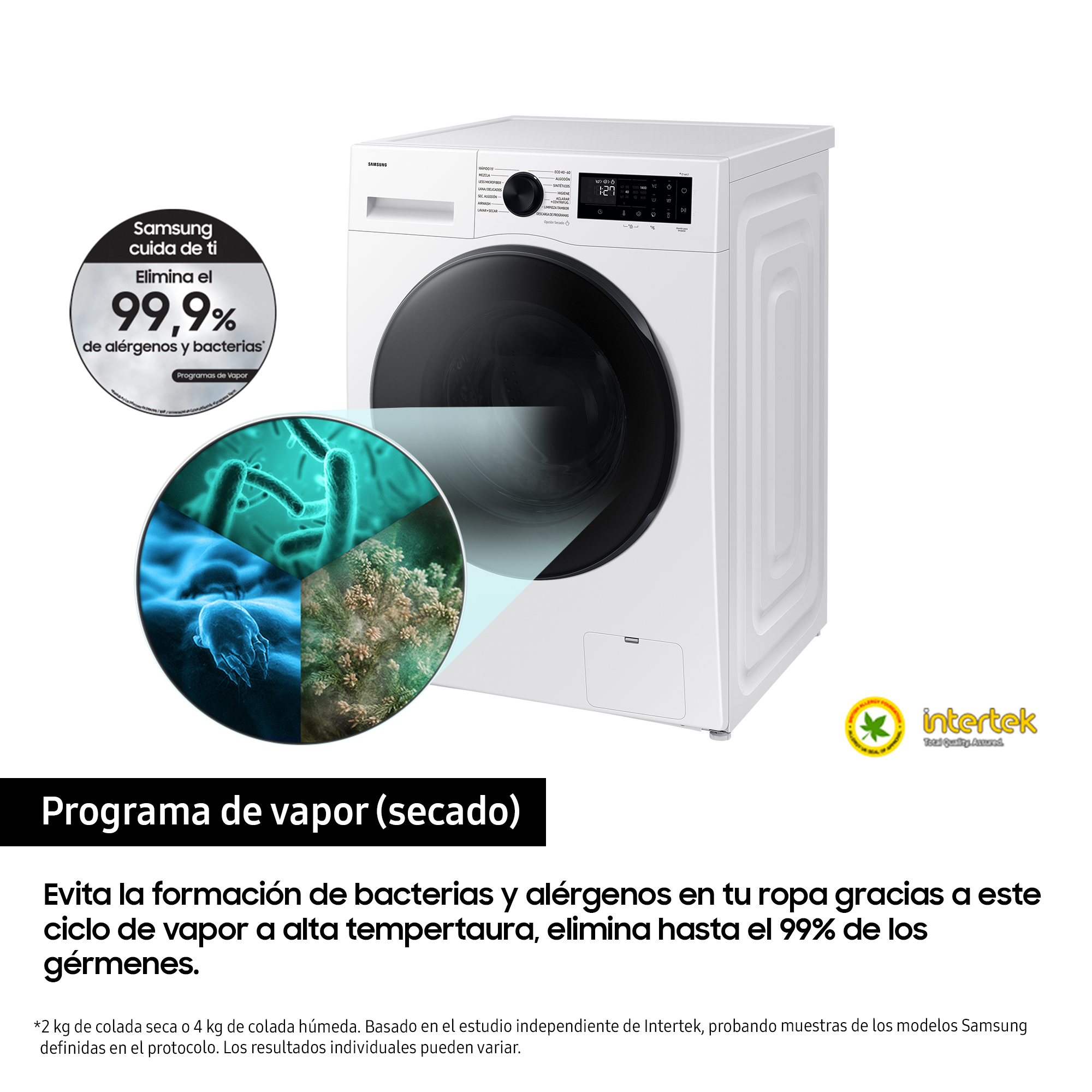 Lavadora blanca con puerta negra e infografía.
