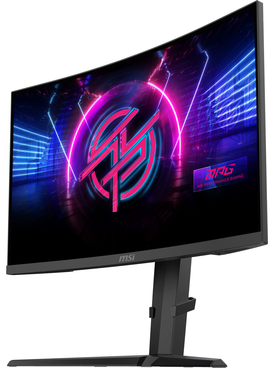 Monitor curvo con gráficos de juegos y un soporte negro.