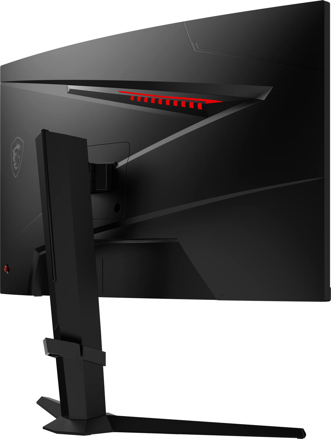 Vista trasera de un monitor gaming MSI negro con detalles rojos y soporte.