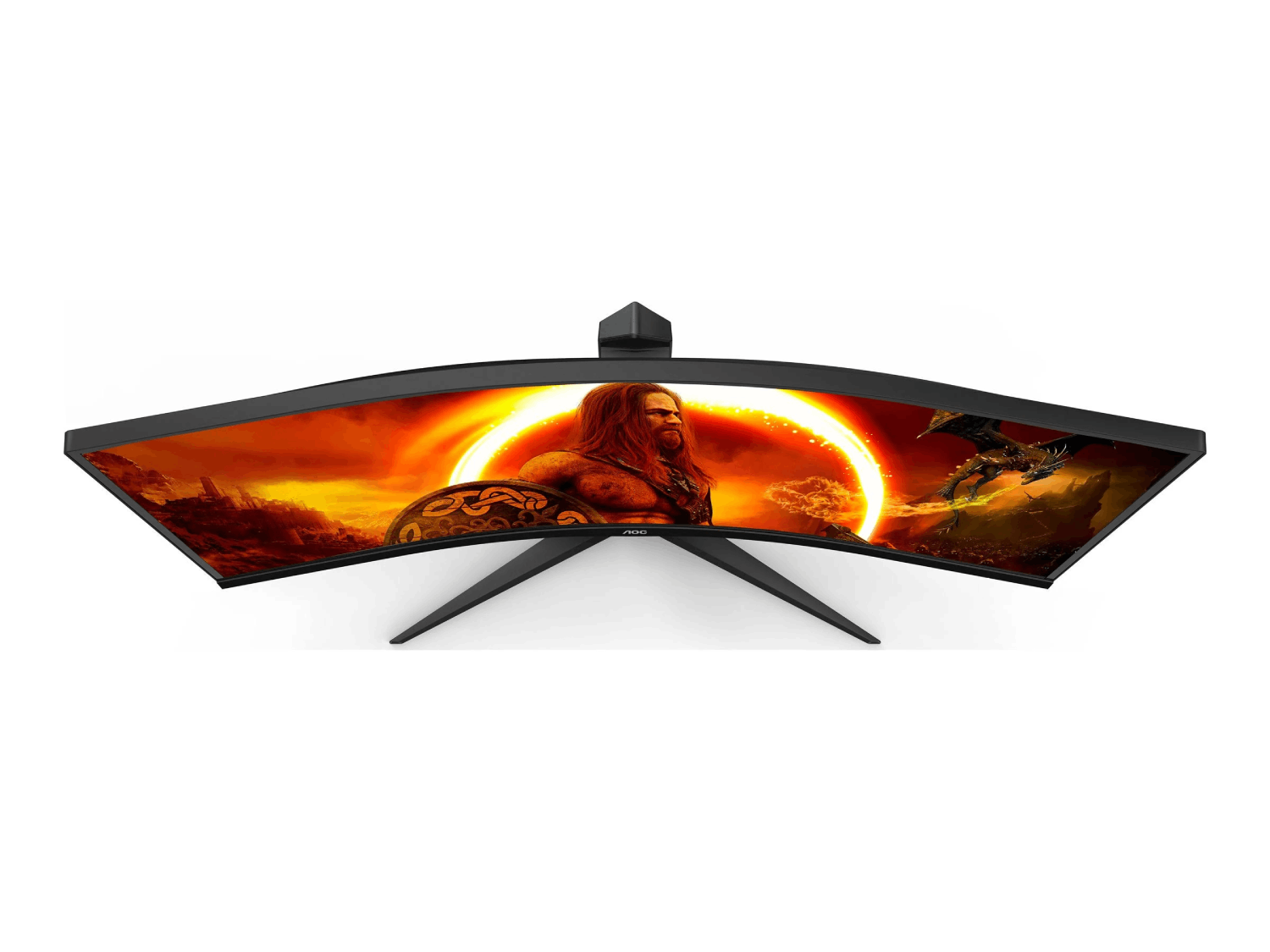 Monitor negro curvo con una escena de juego. Vista superior. Fondo blanco.