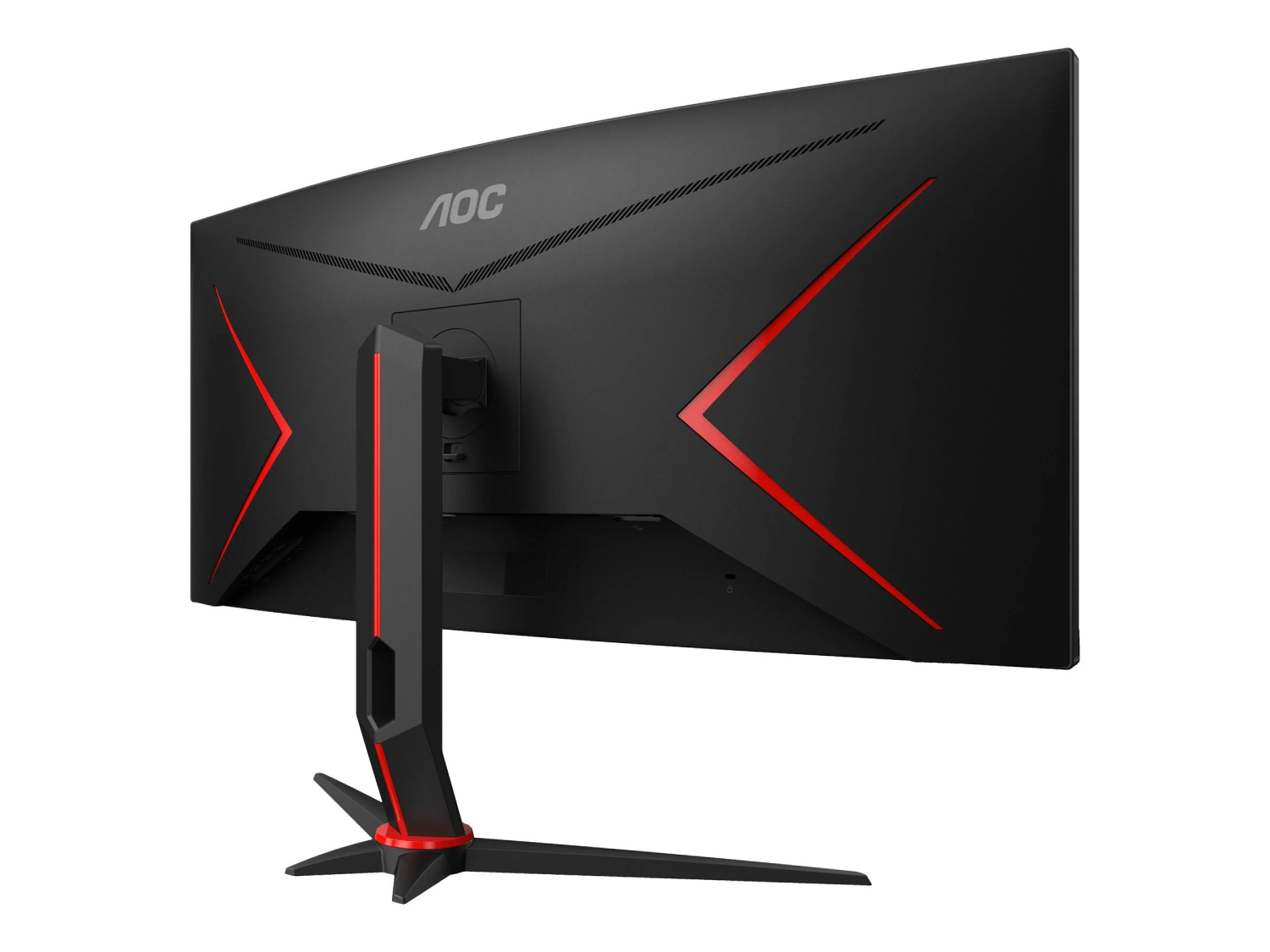 La parte trasera de un monitor curvo AOC. Negro con detalles rojos. Soporte adjunto. Fondo blanco.