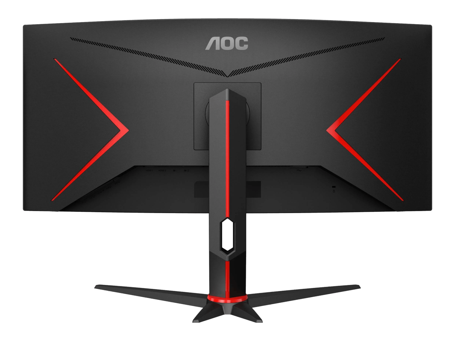 Parte posterior de un monitor AOC negro con detalles rojos. El soporte es negro, con detalles rojos.