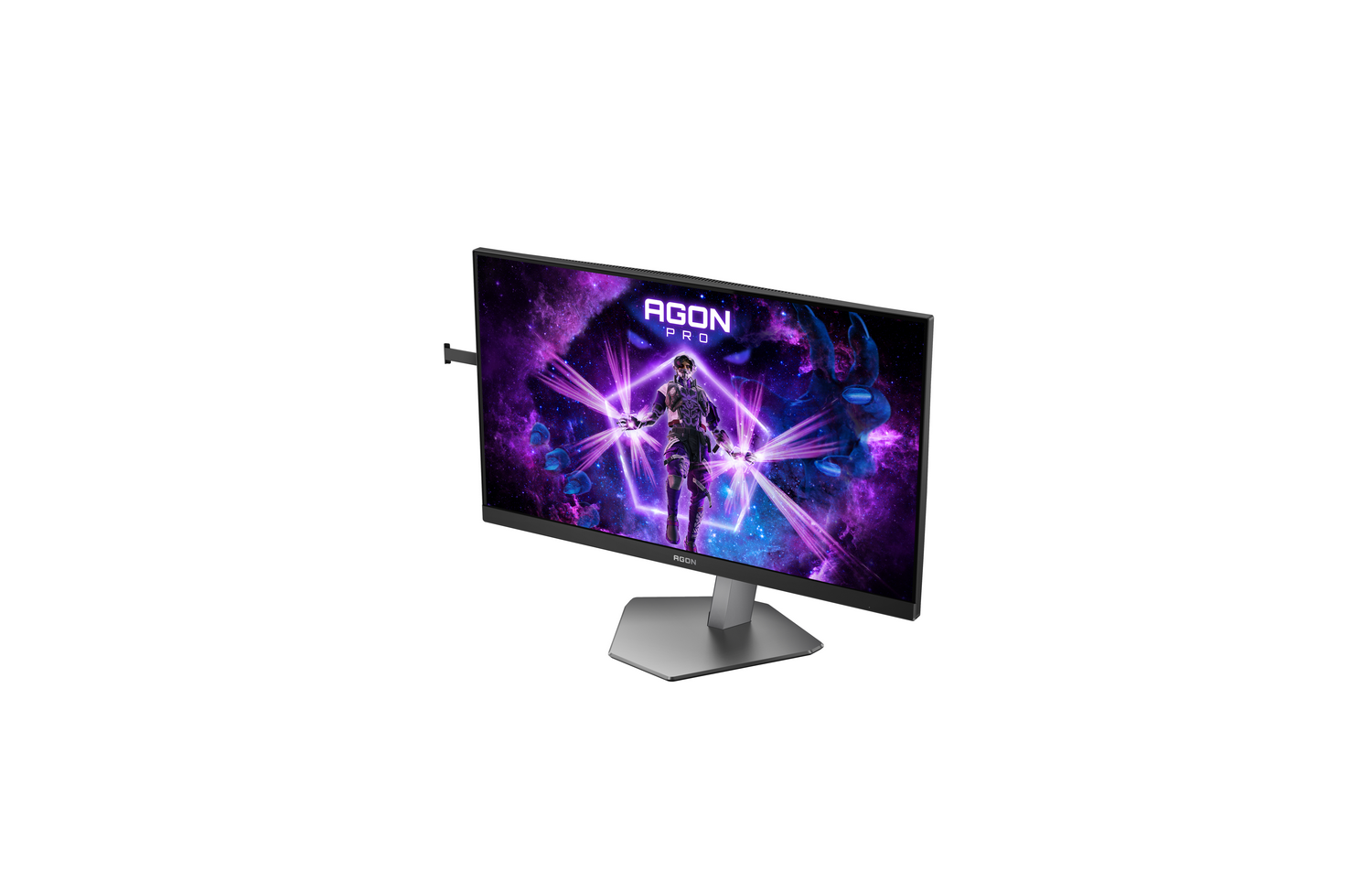 Un monitor para juegos en un soporte, mostrando una escena de juego colorida con tonos púrpuras.