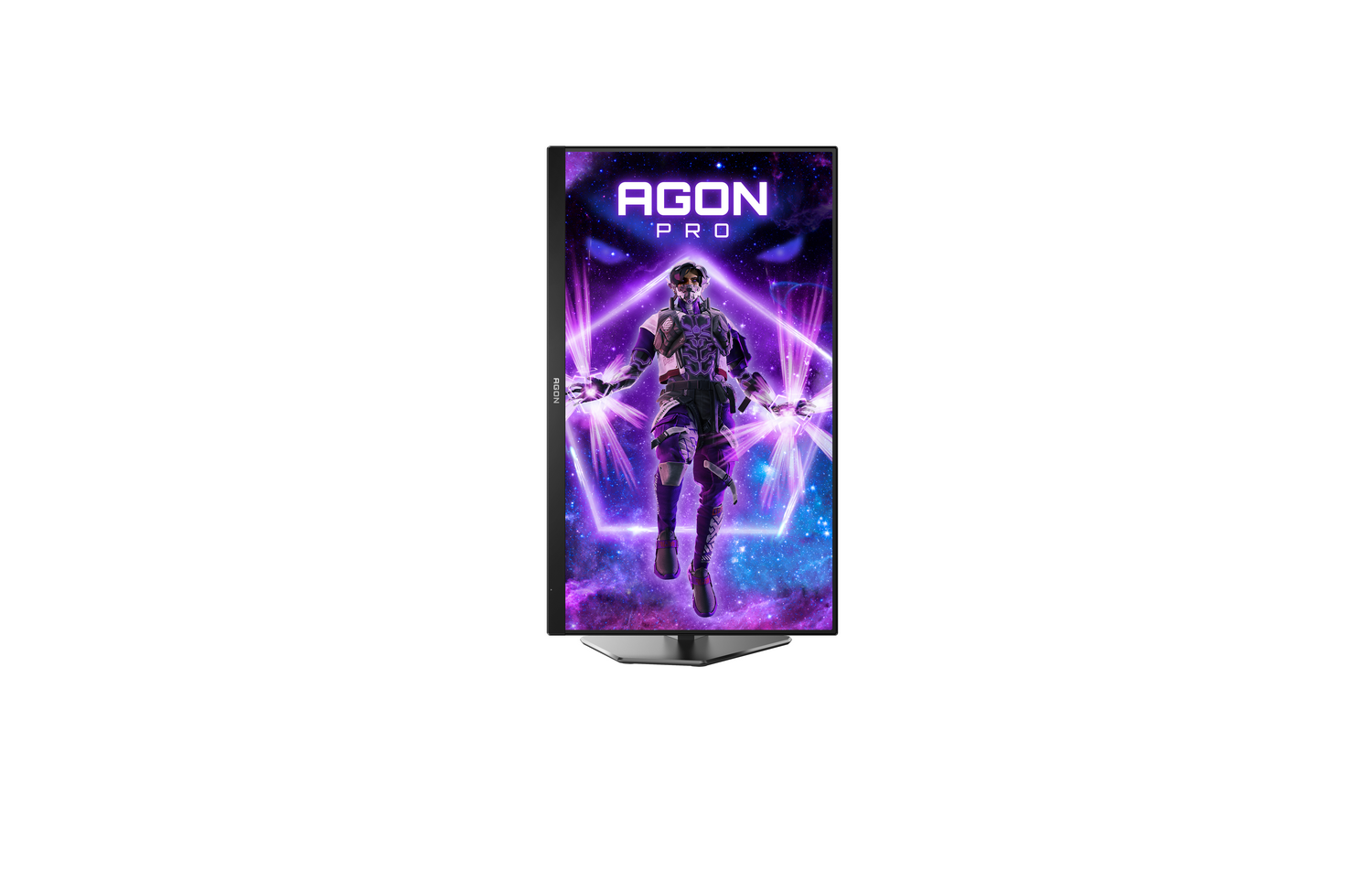 Monitor gaming con una imagen de juego en la pantalla. Marco negro. Logo AGON PRO en la parte superior. Fondo blanco.