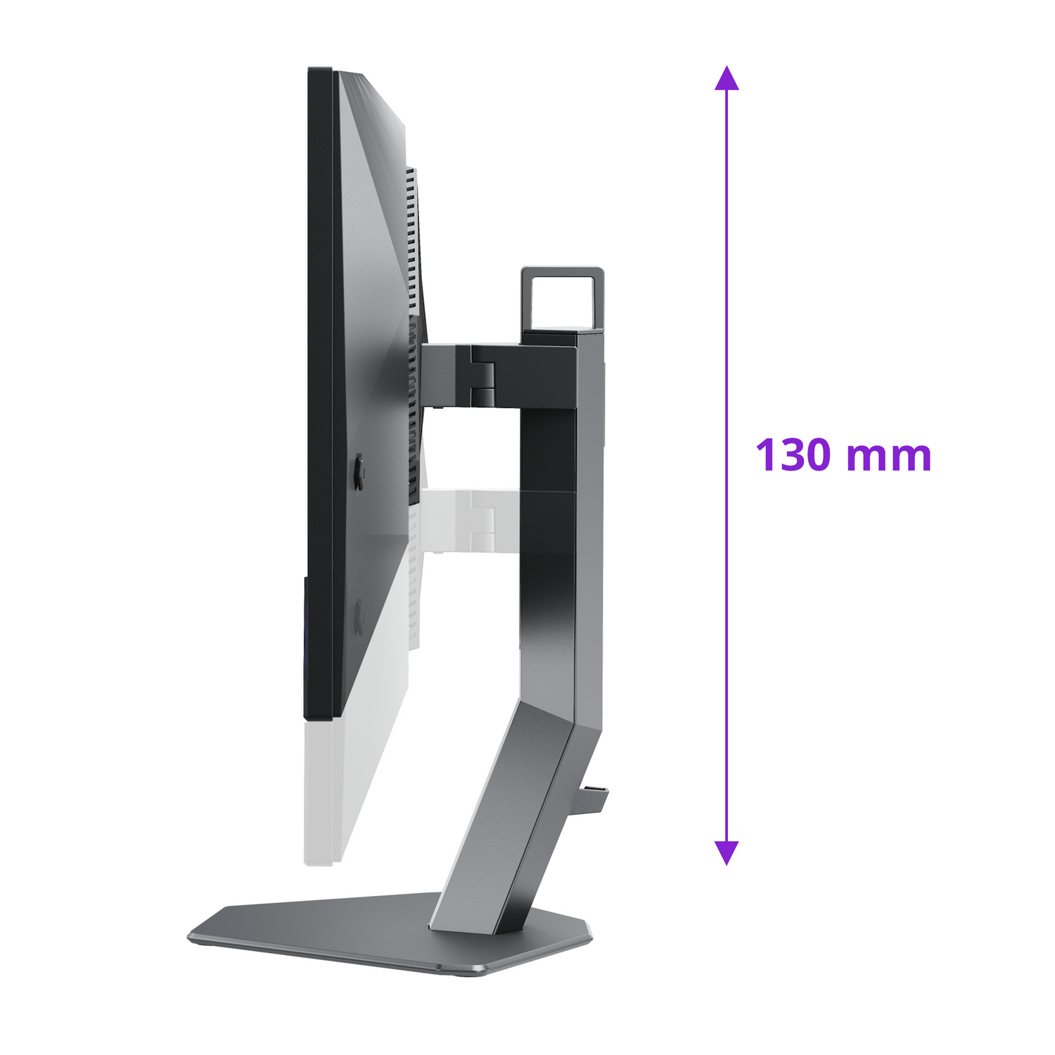 Vista lateral de monitor con soporte, mostrando medición de 130 mm de altura.