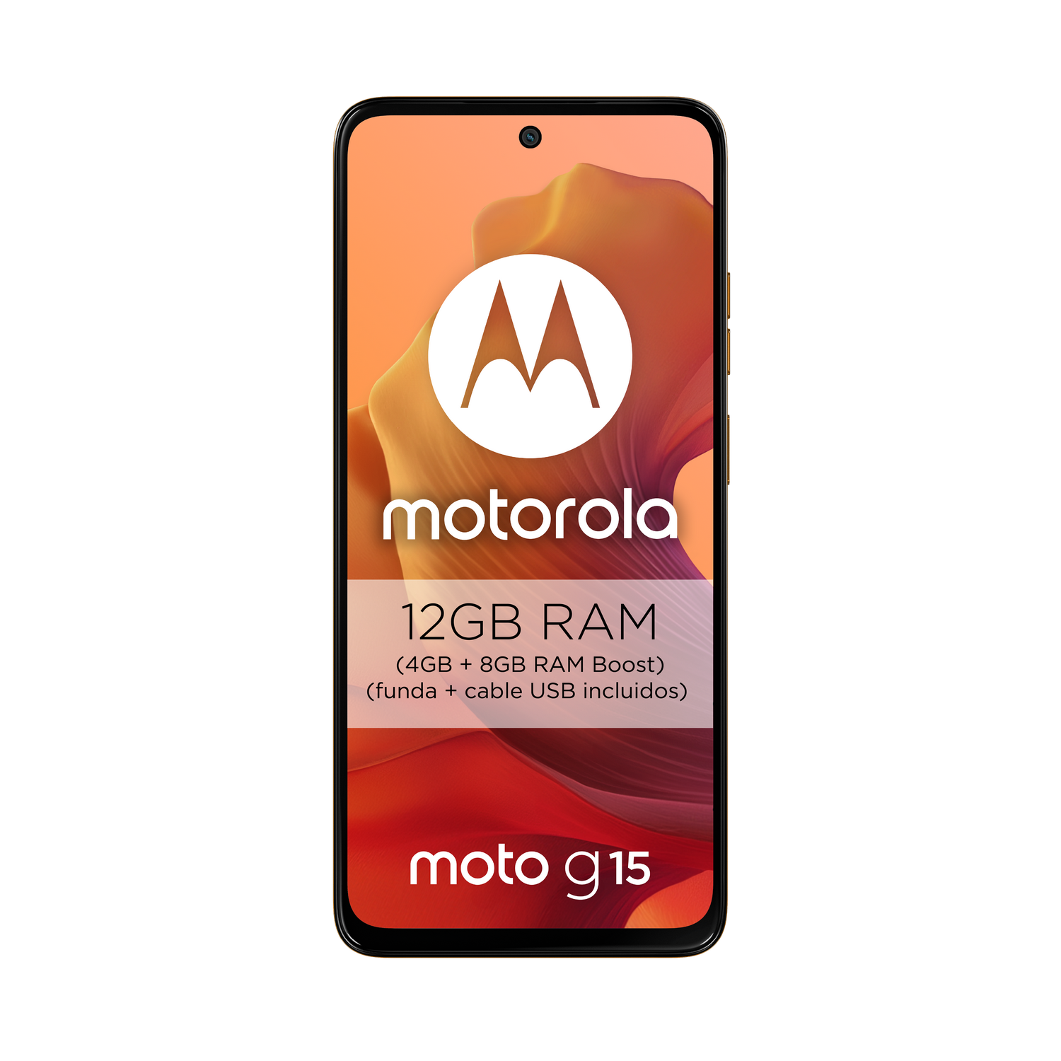 Smartphone Motorola Moto g15 sobre fondo negro, con superposición naranja.